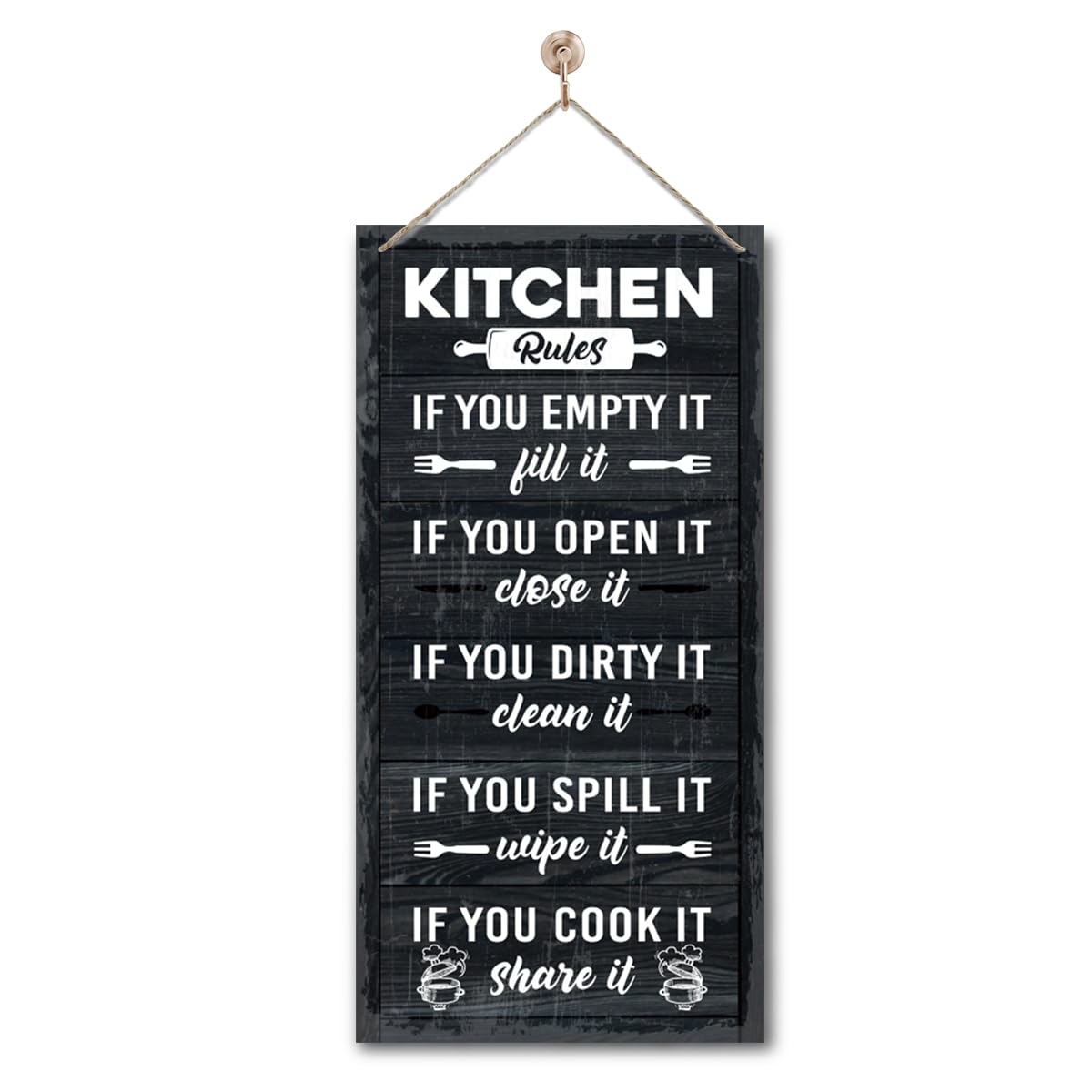 Hanging Kitchen Rules Wood Decor Sign, Rustic Kitchen Wooden Signs, Printed Wood Wall Art Sign, Kitchen Door Rules Rustic Sign, Hanging Wood Sign