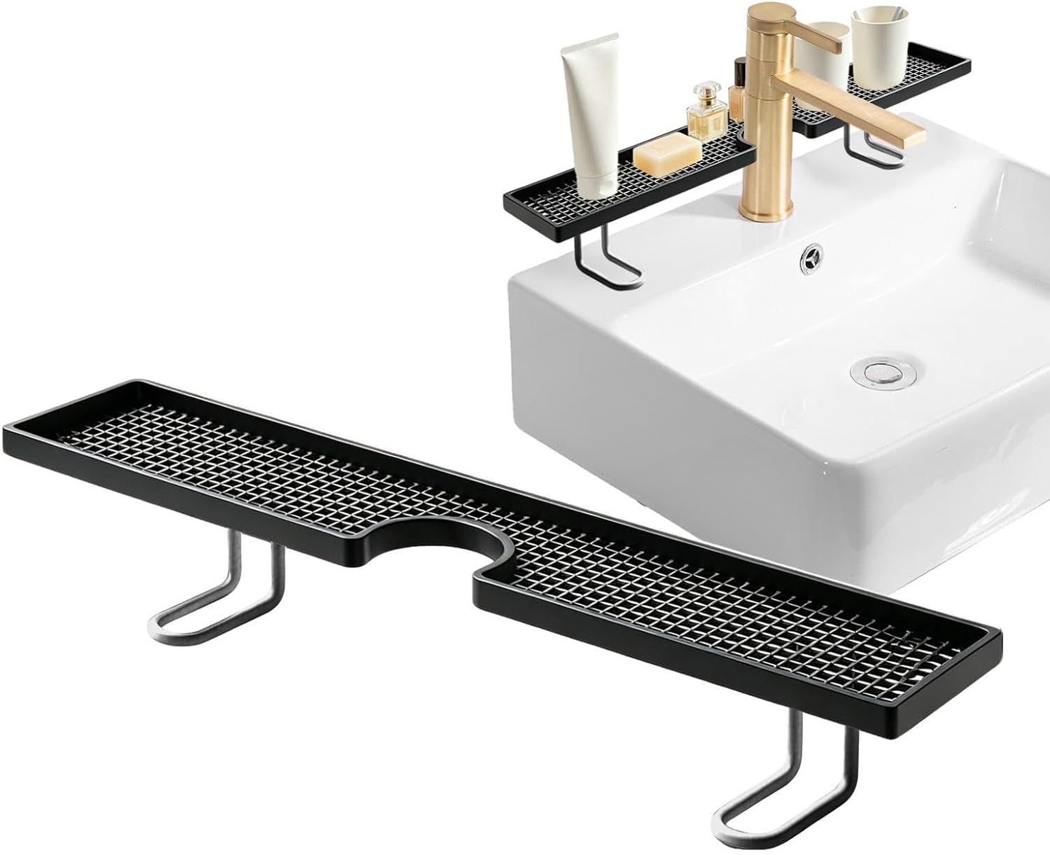 No Drill Sink Organizer, Floating Shelf Basket, 19.69x4.33x4.33 Inches Drainage Rack with Metal Frame, Iron Storage Holder, Countertop Space Saver with Modern Style, Home Accessory for Vanity Desk