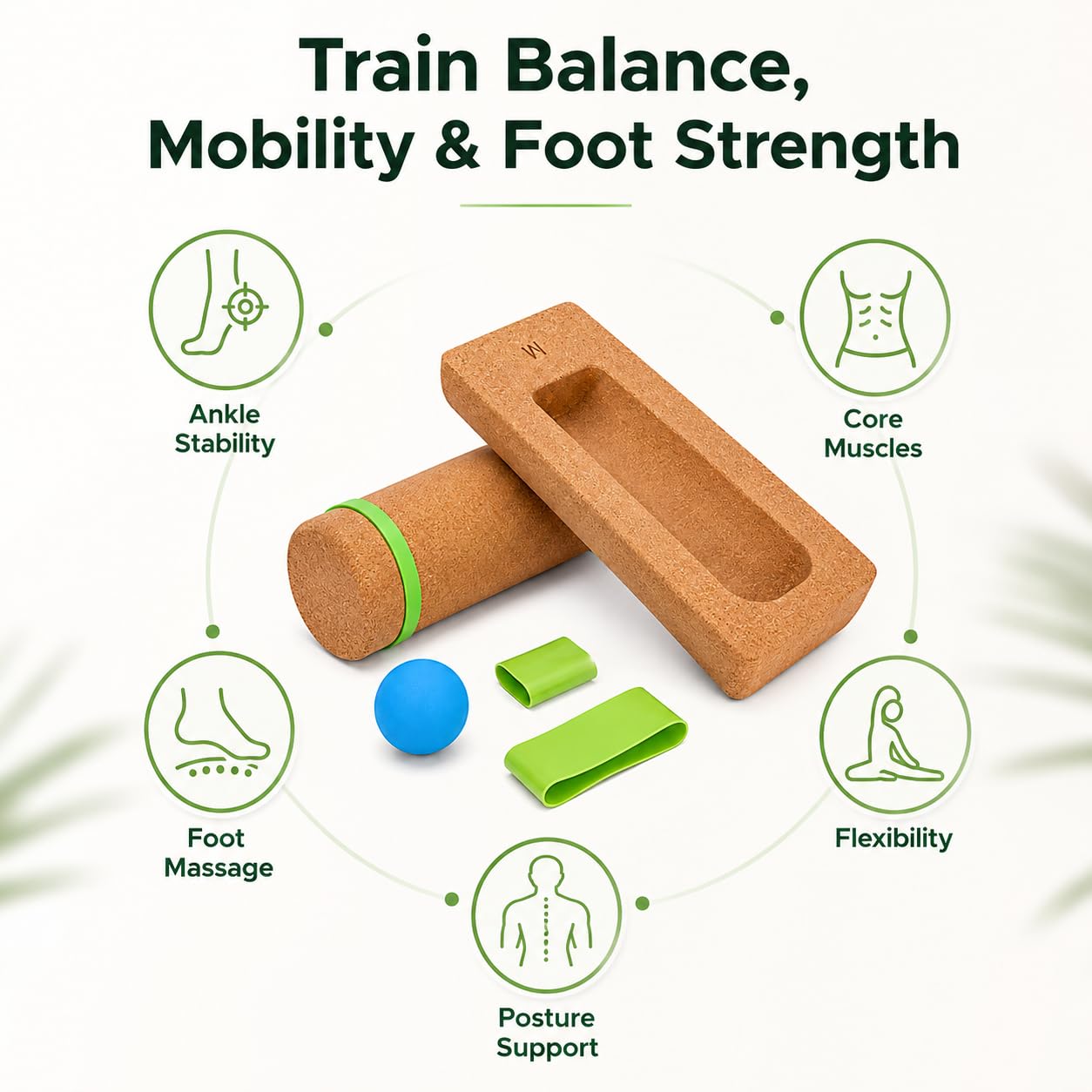 Cork Balance Board 4-in-1 Set with Roller, Massage Ball & Toe Resistance Bands for Foot Strength, Natural Cork,Ankle Stability, Core Muscles & Mobility Training,Compact Wobble Board for Home.