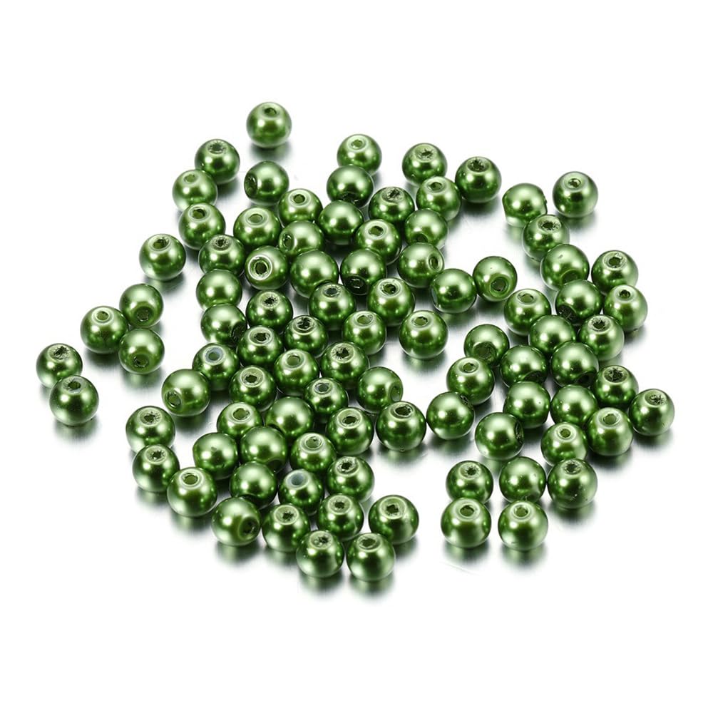 Leliafleury 100Pcs Round Glass Pearl Beads 8mm Imitation Pearl Loose Spacer Bead for Beading DIY Crafts, Green