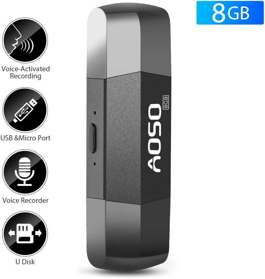 Digital Voice Recorder, Voice Activated Recorder & 8GB U Disk with USB & Micro Port for PC/Laptop/Smart Phone, Rechargeable Audio Dictaphone, 12 Recording Hours for Lecture, Interview, Meeting, Class