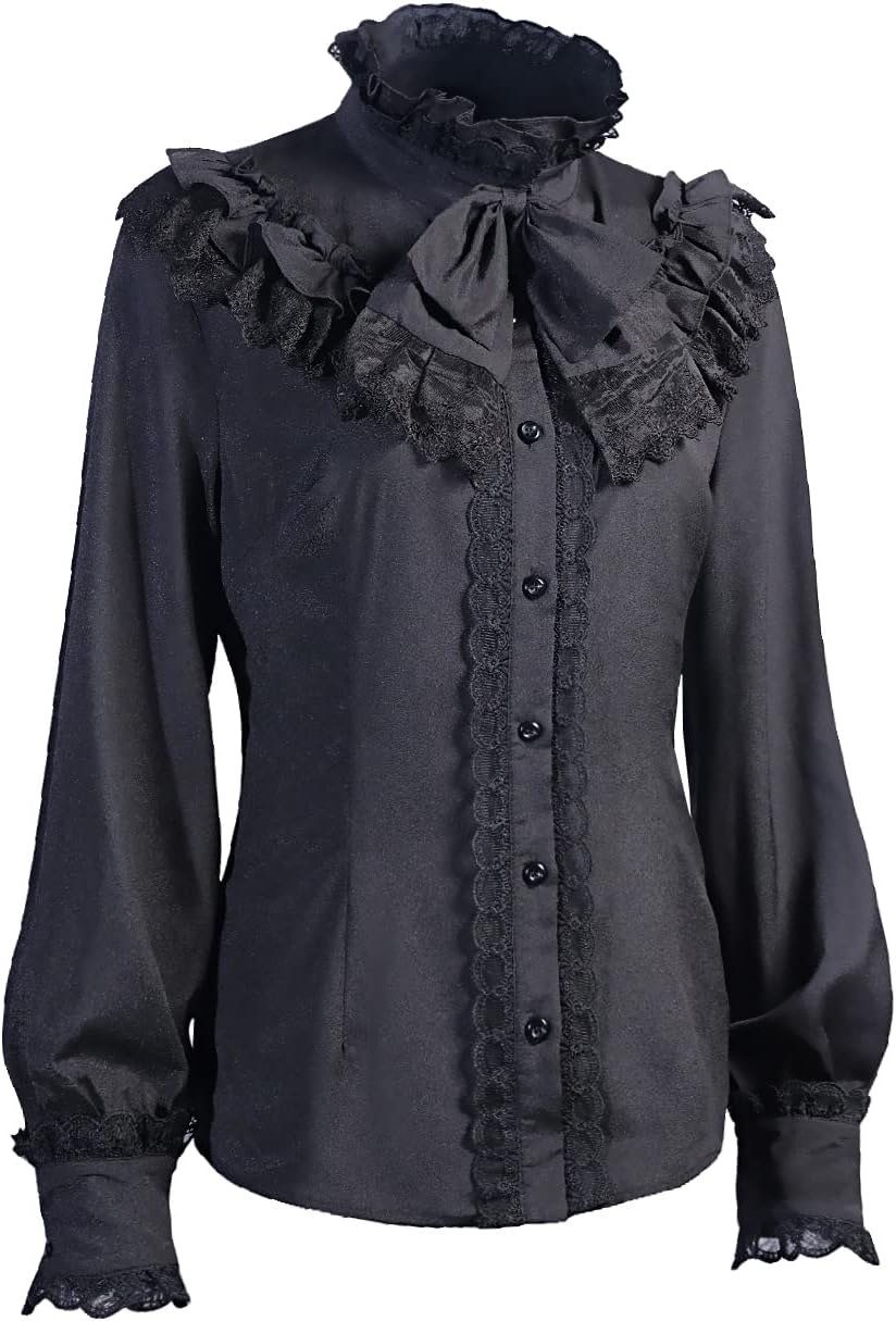 Women Victorian Blouse Long Sleeve Shirts Stand Collar Lotus Ruffle Medieval Gothic Tops - Image 4