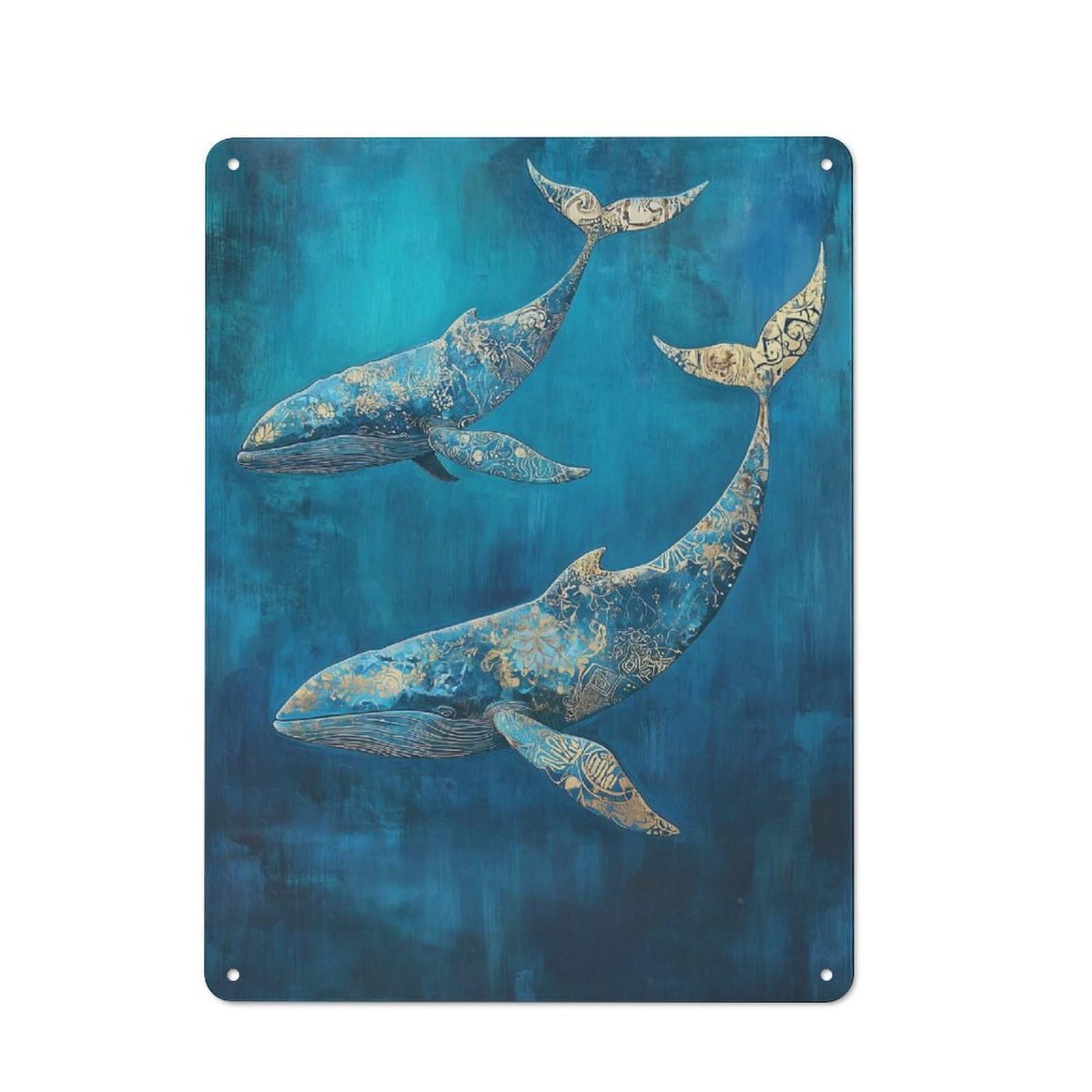 Junmoney Majestic Whales Of Gold - Two Whales In Blue Vintage Tin Sign 40X30cm With For Living Room Or Hallway, For Living Room Decor Lovers