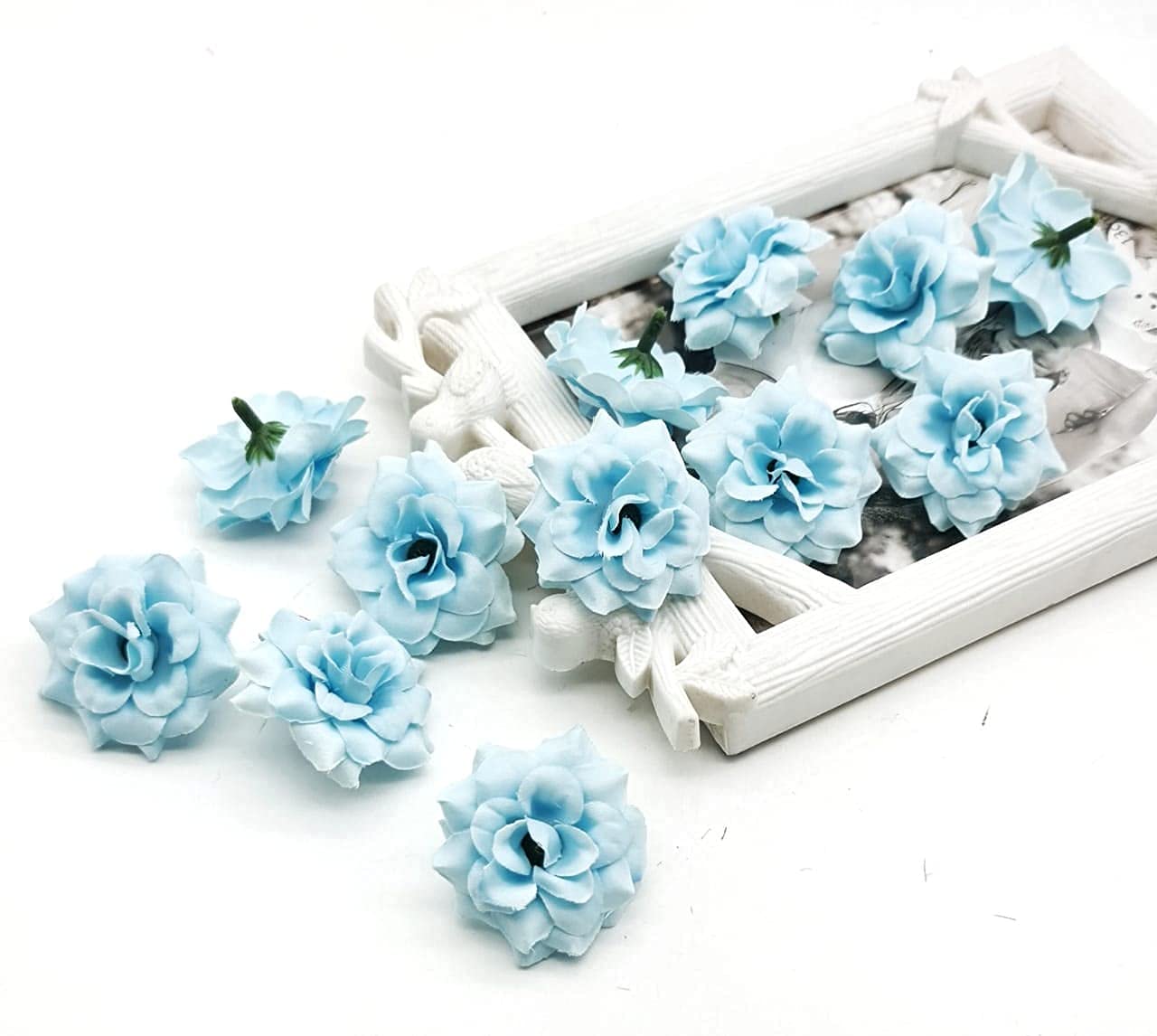 SATYAM KRAFT 12 Pcs Artificial Eden Rose Fake Fabric Head Rose Flowers for Home Decoration, Gift, Mandir Pooja Table(Light Blue, 4 cm)