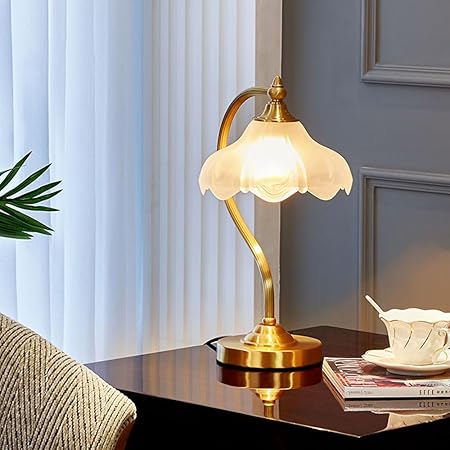 Jadssox Vintage Desk Light Copper Bedside Table Lamp Antique Bedroom Nightstand Lights with Flower Glass Shade Brass Bankers Lamps for Living Room Office Lighting photo 2