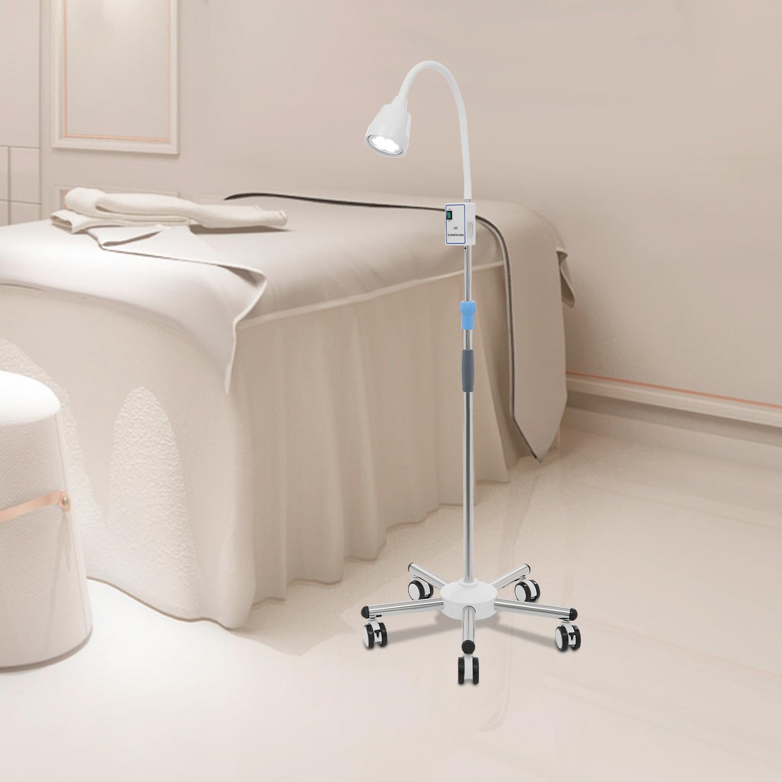 LED-Untersuchungsleuchte aus Edelstahl und ABS mit 360° Drehbare Lampenkopf, 130-160 CM Höhenverstellbare Bodenstativlampe LED-Hilfsleuchte, Medizinische Lichtlampe mit 5 Universalrädern