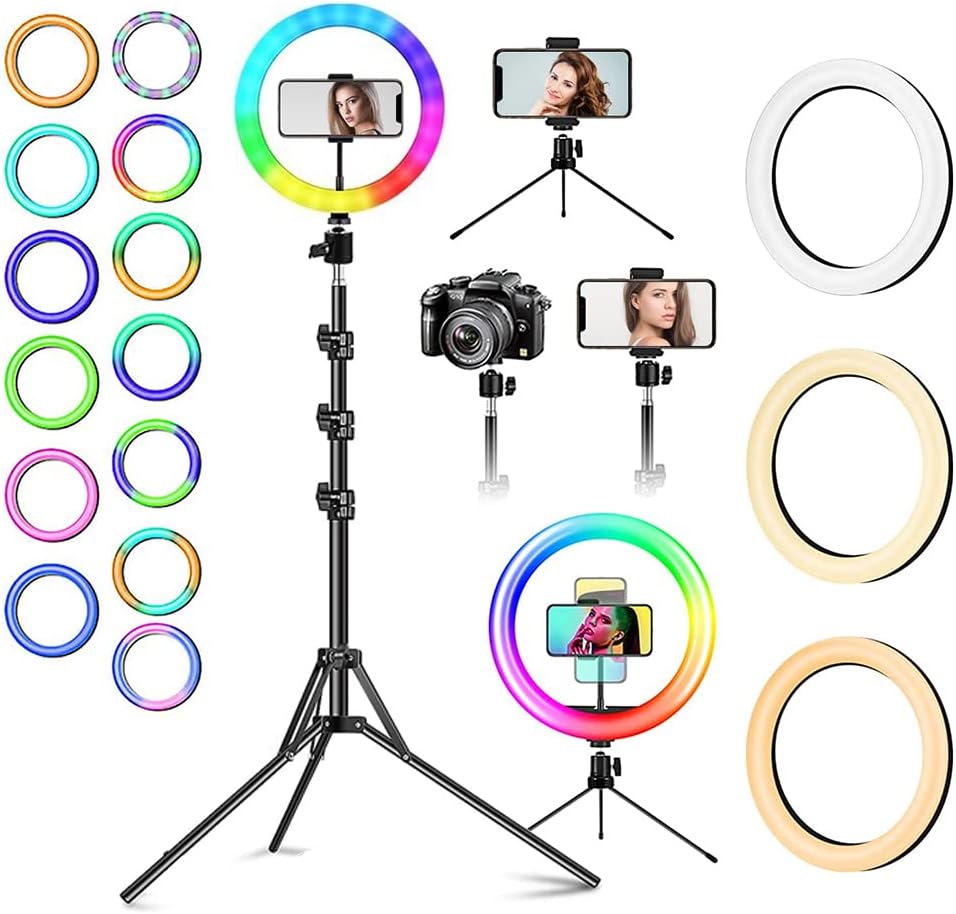 10'' Ring Light with Stand and Phone Holder Tall 1.6m, Desk Ring Lights with 10 Dimmable Levels & 15 RGB Colors, LED Circle Lamp with 2 Tripod for Selfie Makeup TikTok YouTube Zoom Meeting
