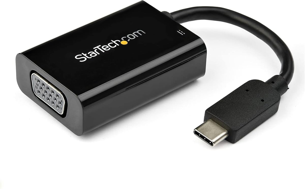 Adaptador StarTech USB-C a VGA, 1080p, 60W PD, Negro (CDP2VGAUCP) | Convertidor de monitor USB-C a VGA, carga de paso PD de 60 W, modo DP Alt HBR2, Thunderbolt 3