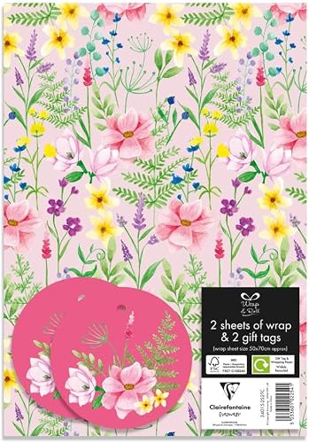 Geschenkpapier mit Etiketten, Blumenmuster, Rosa, 2 Stück