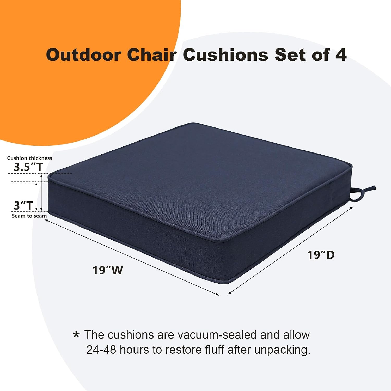 Sunbrella Square Corner Seat Cushions, 19" x 19" x 3", Set of 4, Indoor Outdoor Water Repellent Universal Chair Pads with Ties for Patio Furniture, Garden Deck Dining Chairs, Canvas Navy Blue