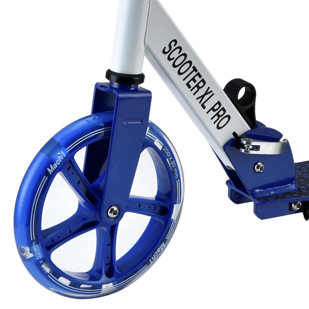 Mach1 Kick - Patinete de aluminio para ciudad, 200 mm, XXL, LED, ruedas para adultos y niños, plegable, XL, blanco y azul