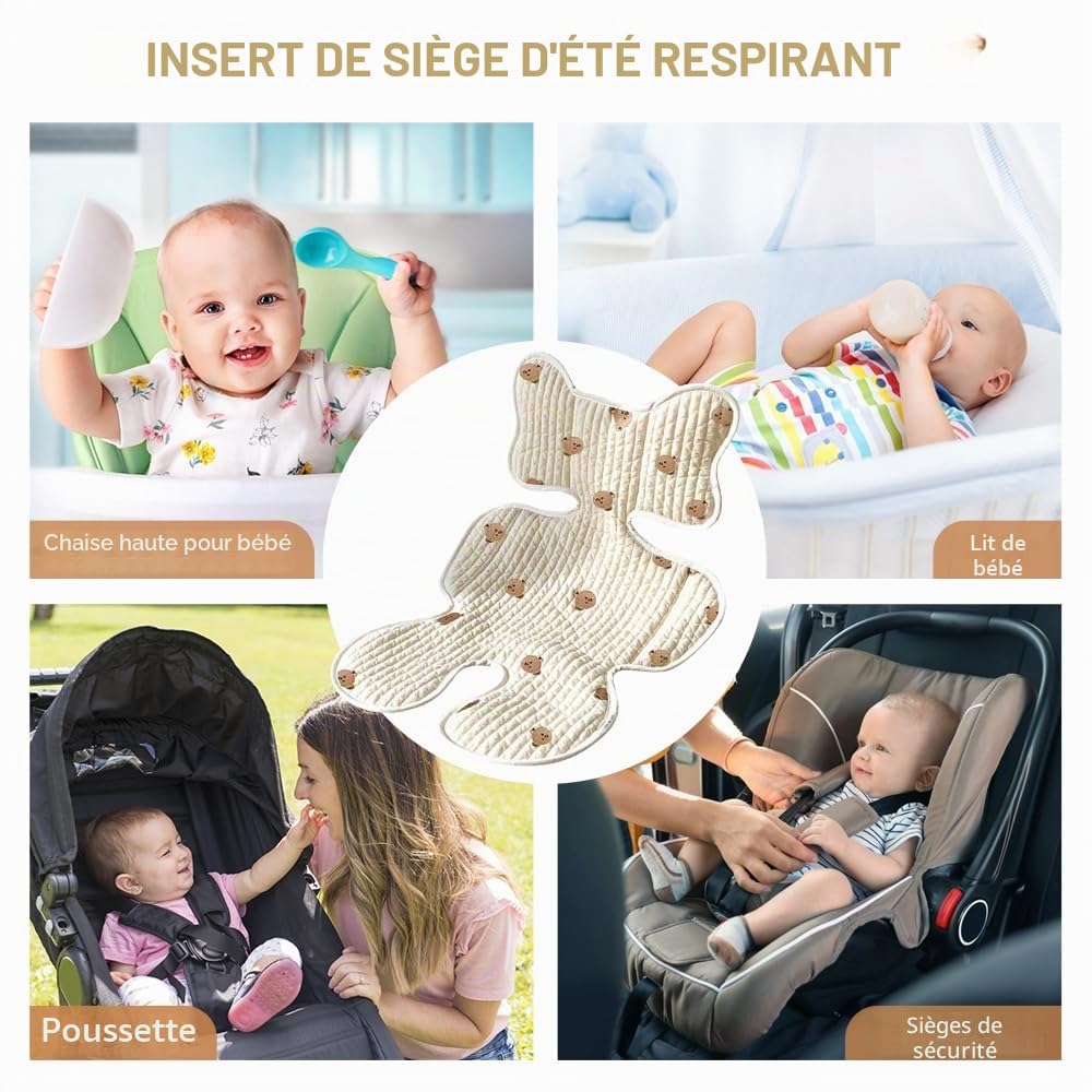 LUFEIS Coussin Poussette, Coussin de Siège Poussette, Siege Poussette Universelle, Coussin Voiture Bebe, Bébé Housse d’Été Anti-Transpiration pour Poussette, Coussin Bébe pour l'Été, Respirant - Ours