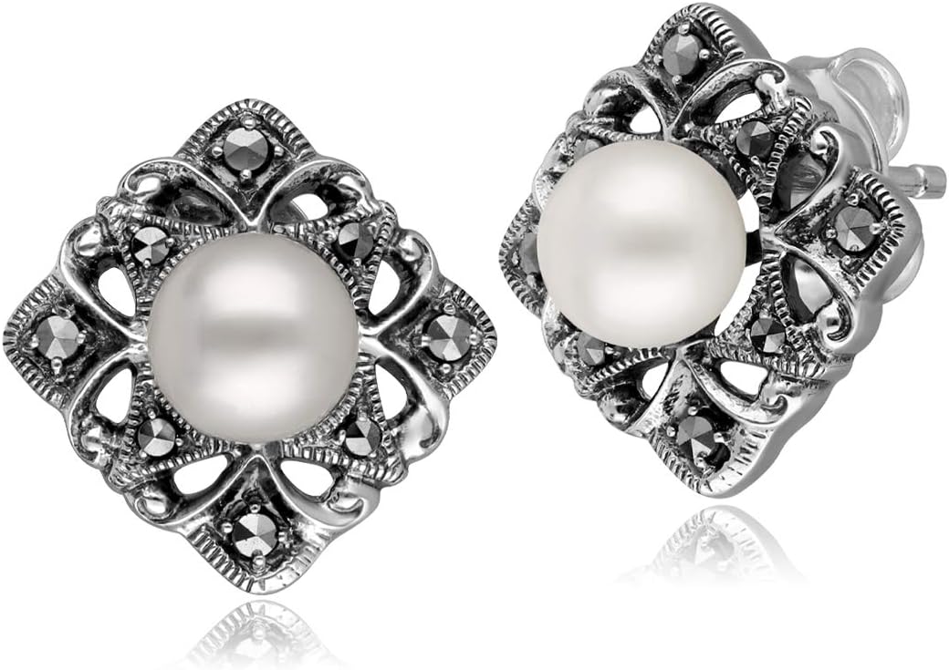 Gemondo USA Pearl & Marcasite Floral Button Earrings