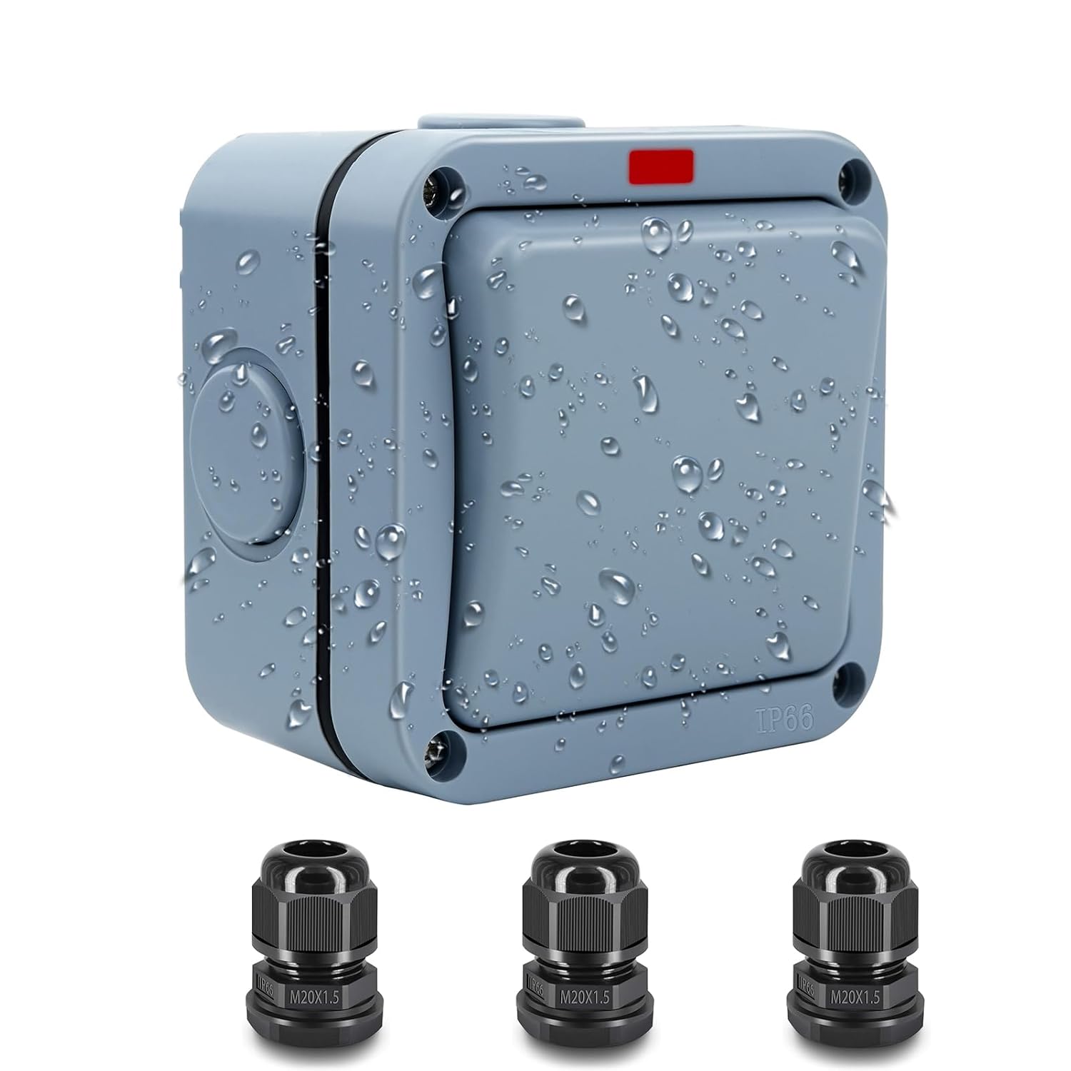 NineLeaf Weatherproof Outdoor Light Switch, IP66 Outdoor Switch, 1 Gang SPDT Outdoor Switches,15A,110-250V, with 3Pcs M20x1.5 Compression Cable Connector, Cable Glands Joints