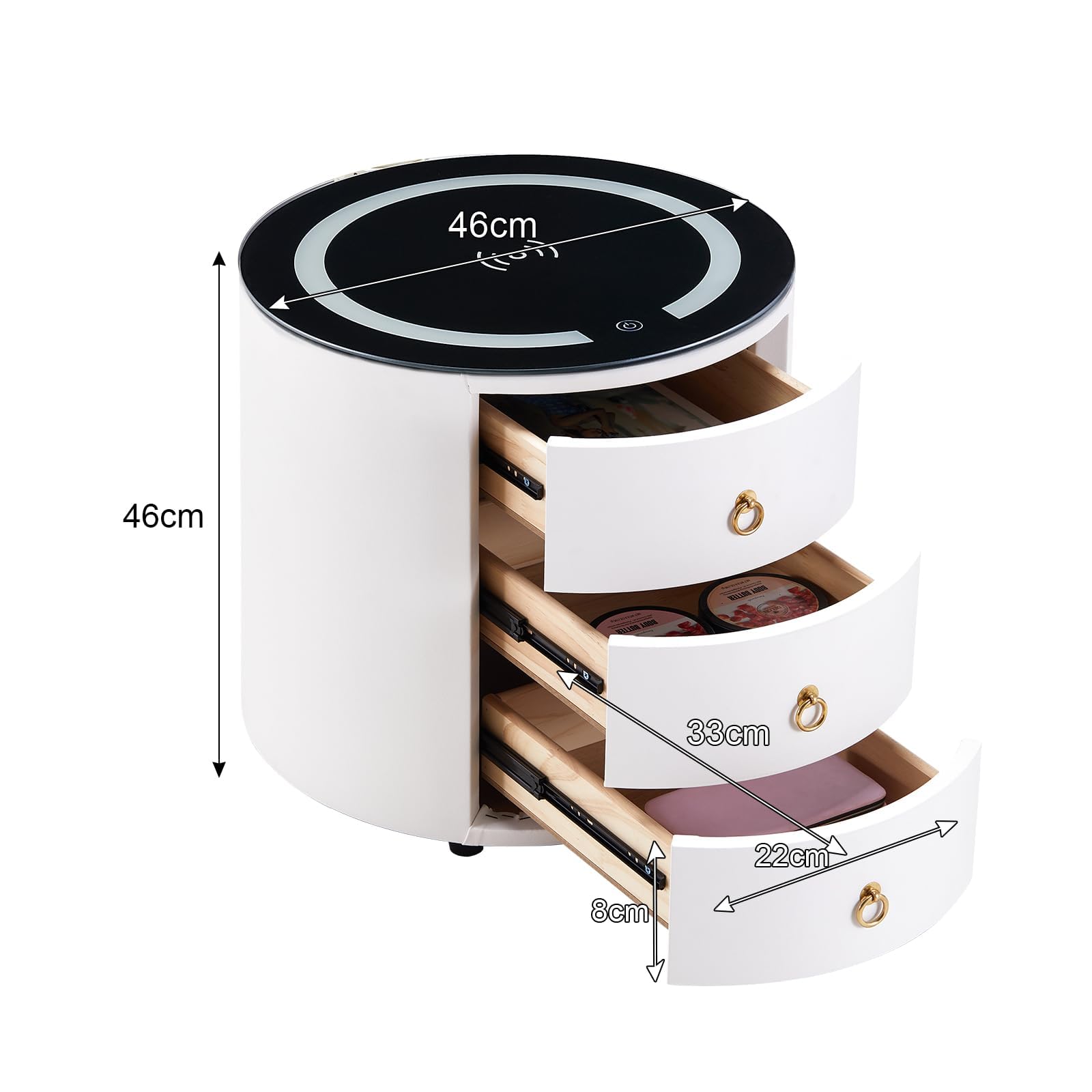 CLIPOP Smart Nachttisch, kabelloses Laden, LED, 3 Schubladen, Weiß | Rundes Design, Holzrahmen, gehärtete Glasplatte, LED Licht einstellbar, für Schlafzimmer & Wohnzimmer 46*46*46 cm