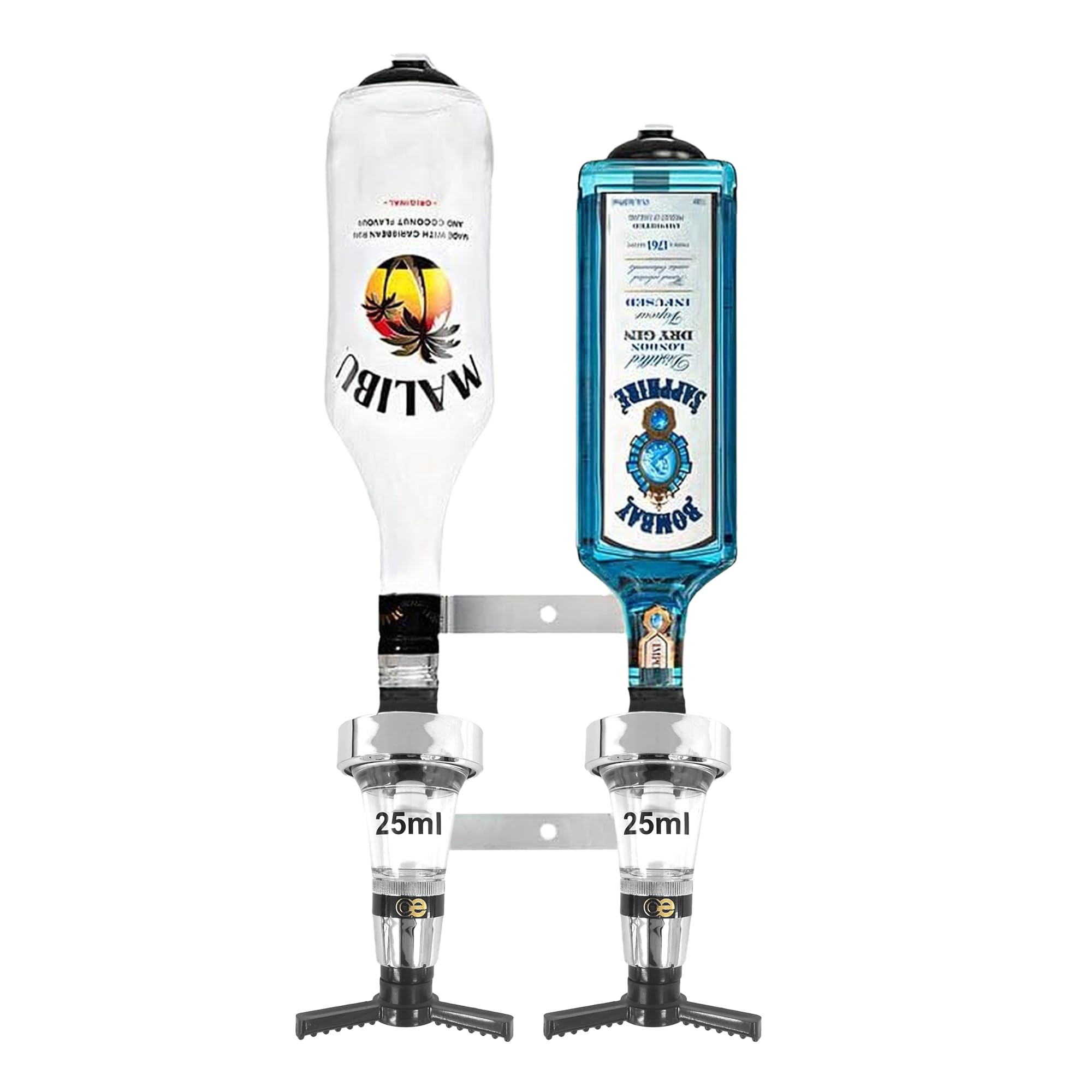 Chabrias Ltd2/3/4/6-2 Bottle Wall Bar Rail + Spirit Optic Measure 25ml - UK Made, Fully Assembled Metal Bracket & Pub Trade Compliant, Traditional Chrome, Fits 70cl–1.5L Bottles (2 Wall Bar, 25ml)