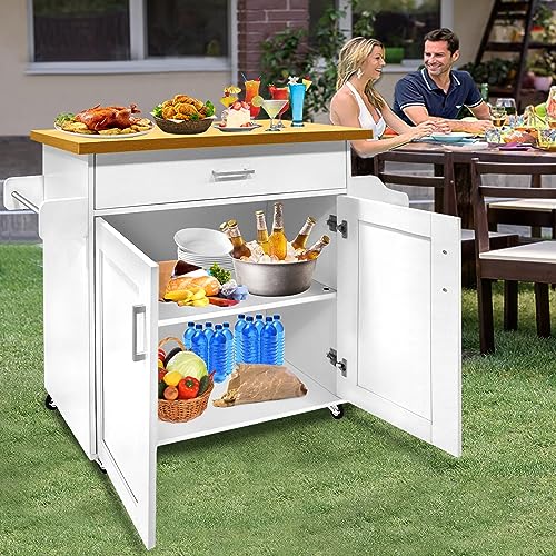 FIVMEN Chariot de cuisine Armoire de cuisine avec roulettes et plan de travail Chariot de service Îlot de cuisine en bois avec porte-serviettes et étagère à épices Armoires de cuisine mobiles Chariot – vue 9