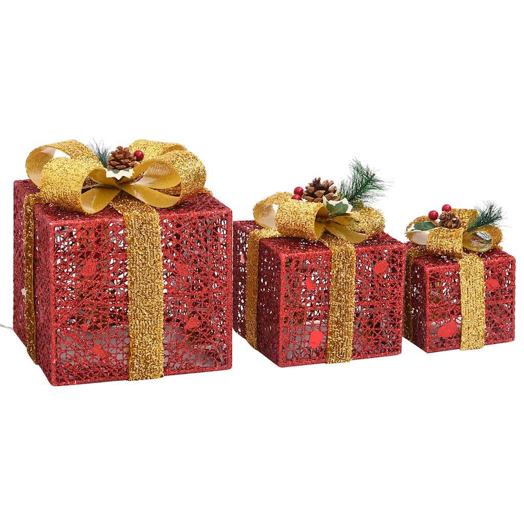 Geschenkboxen Deko-Set 3 Stk. Rot aus Textilgewebe mit 60 LEDs und 8 Lichteffekten, 5 m Kabel, für Weihnachtsbeleuchtung innen und außen, Fensterdeko, Garten, Terrasse