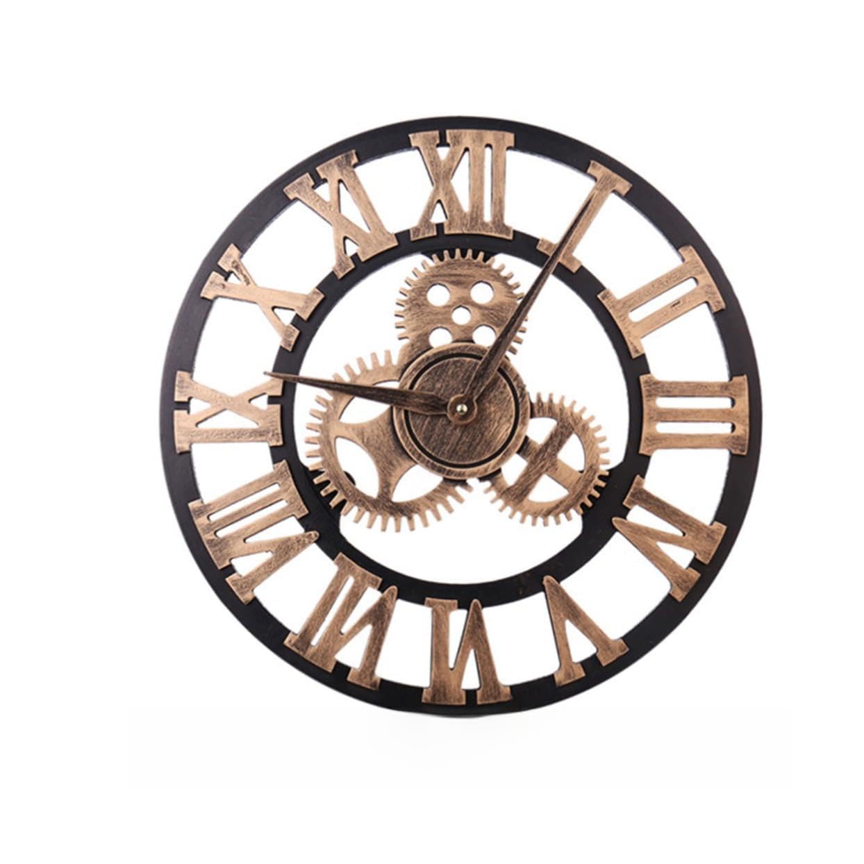 Horloge murale rétro de luxe en bois rouages 3D et grands chiffres romains 40 cm