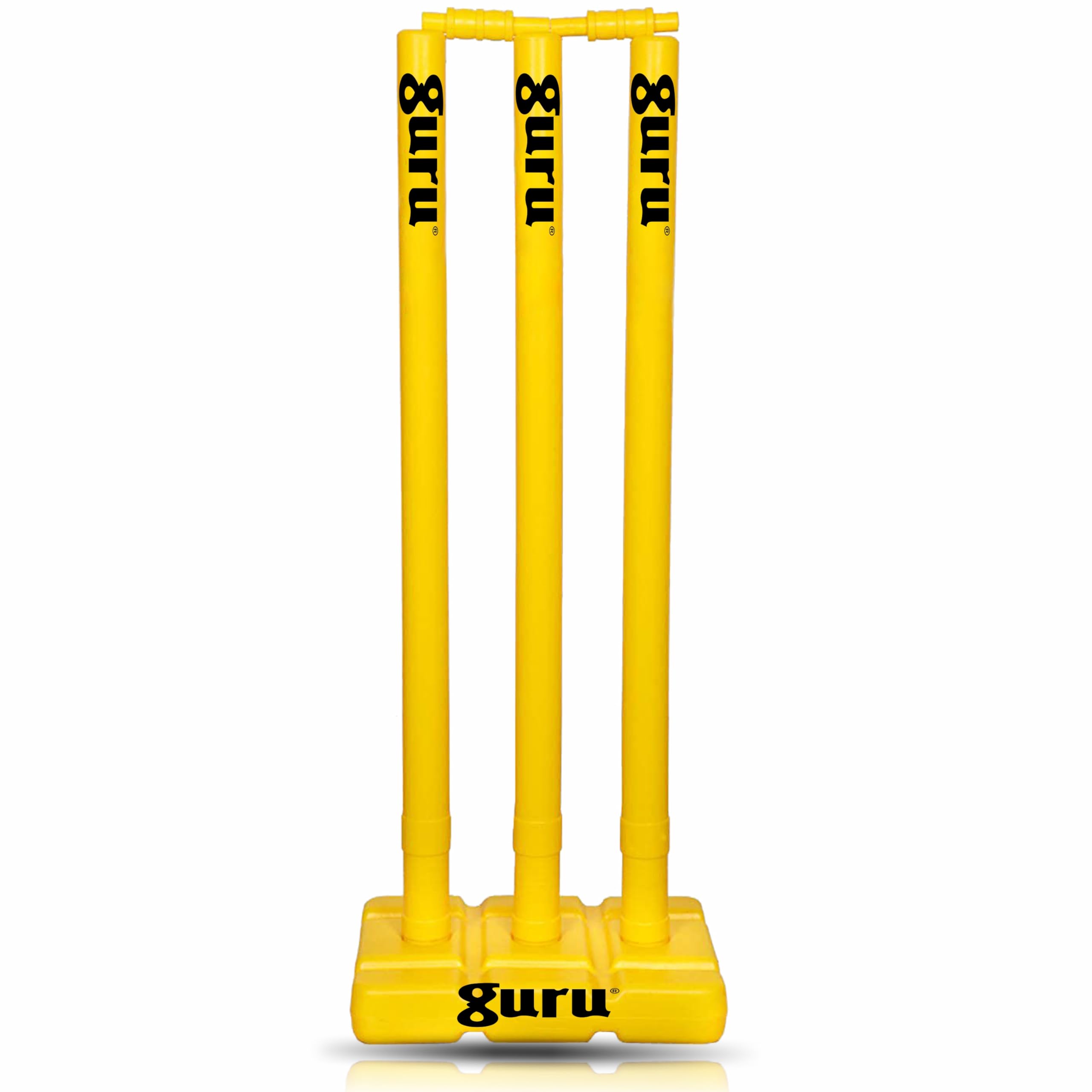 Guru Cricket Wicket Set, Heavy Plastic Cricket Stumps Set - 3 Stumps + 2 Bails + 1 Base Stand (Yellow)