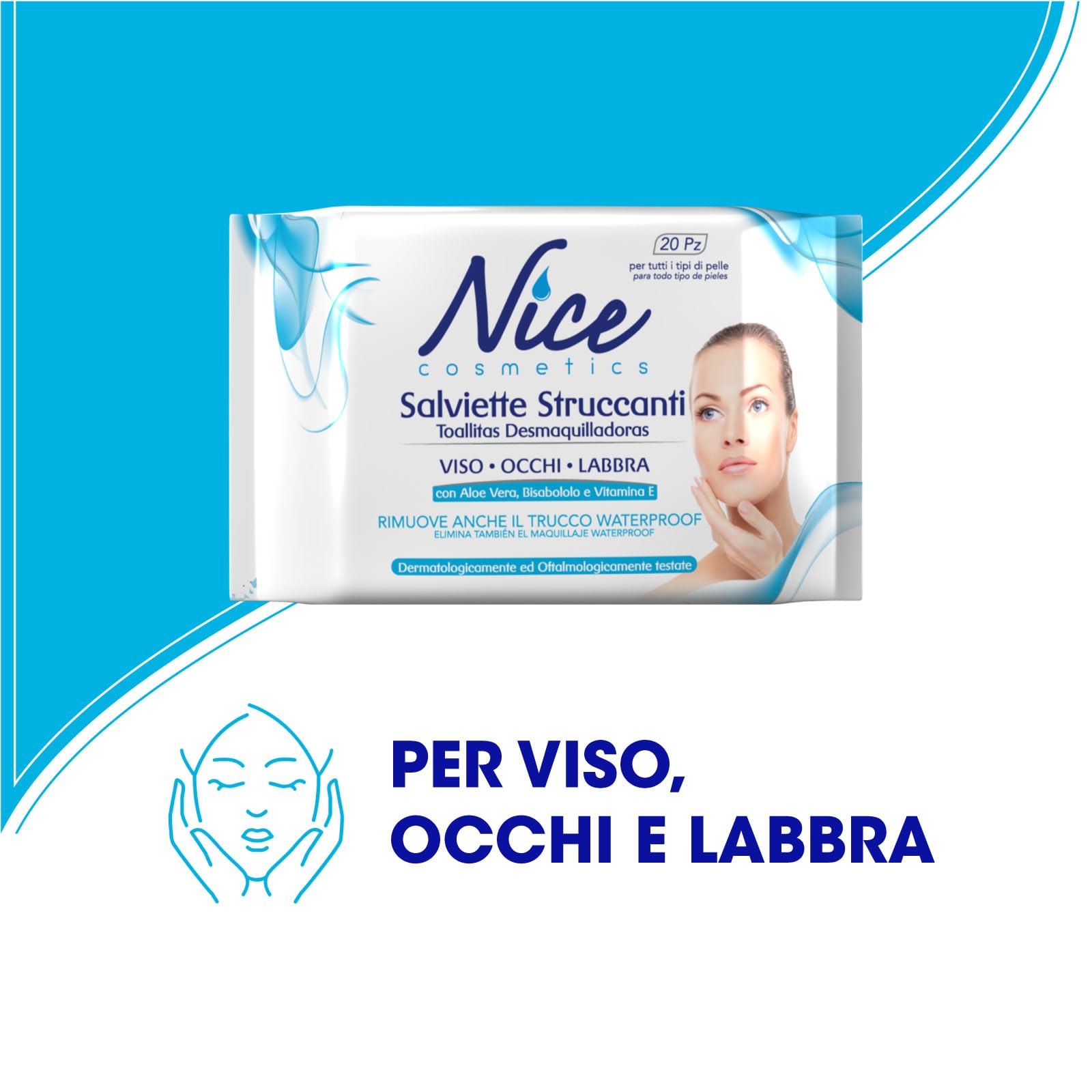 Nice Salviette Struccanti per Viso, Occhi e Labbra, con Aloe Vera, Bisabololo e Vitamina E, Dermatologicamente e Oftalmologicamente Testate, Confezione Tascabile da 20 Salviette