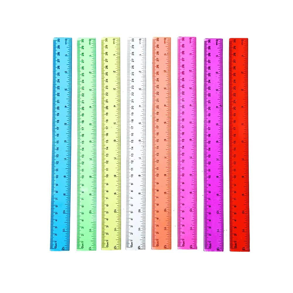DENSET HBTDM 12 Inch Clear Plastic Rulers for Kids School - 8 Pack Bulk Classroom Dual Inch/CM Scale Durable Transparent