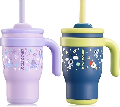 KXIAOCHEN Toddler Tumbler 2-Pack, 14 oz Spill-Proof Straw Cups with Handles | 18/8 stainless steel, BPA-free, silicone base, cupholder friendly, keeps cold 29 hours for kids at home, daycare or travel