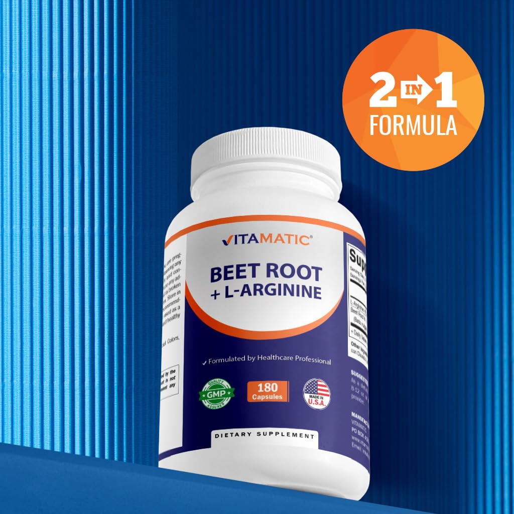Vitamatic Beet Root + L-Arginine Capsules – 1000 mg L-Arginine HCl & 250 mg Beet Root Extract – Nitric Oxide Support, Heart & Circulation Health – 180 Veg Capsules – Non-GMO, Made in USA — Amazon image 5