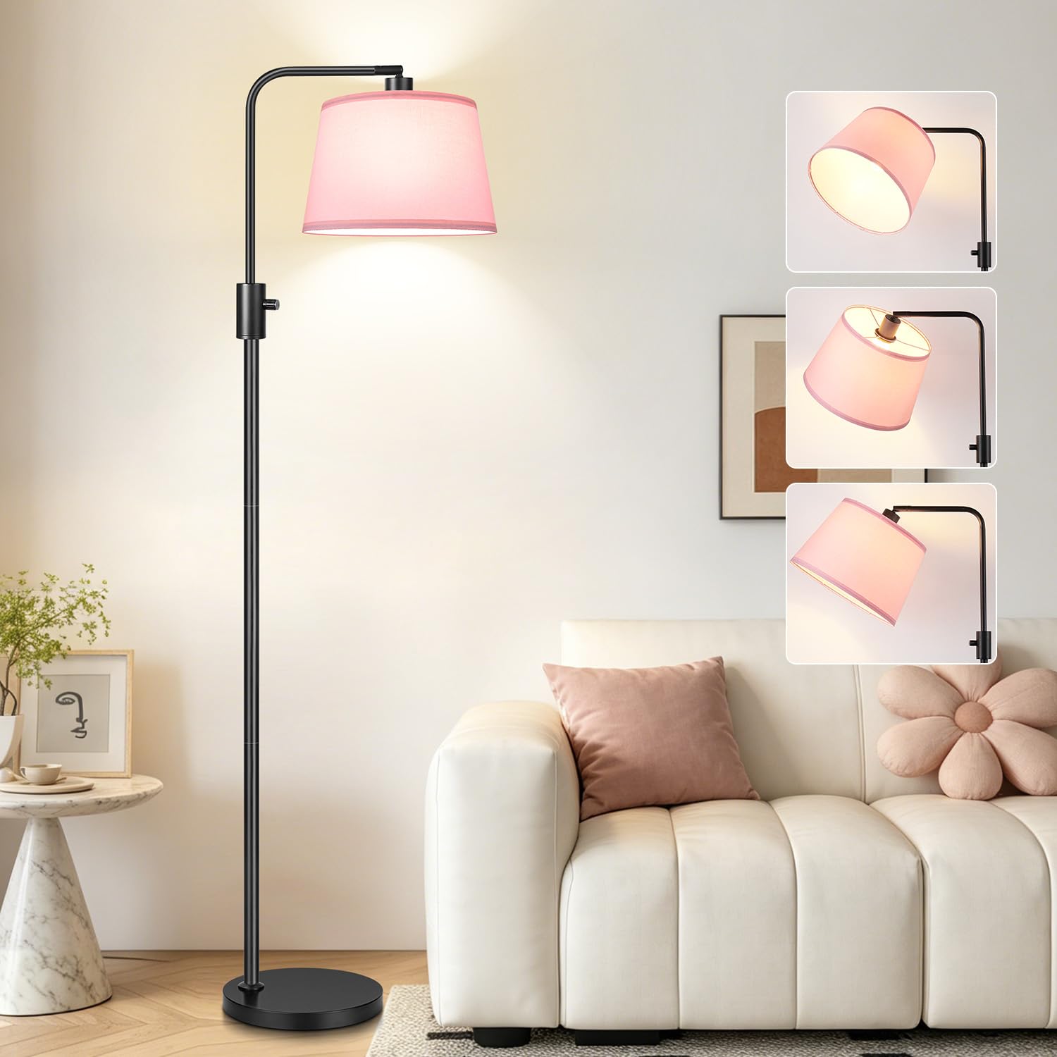 【Upgraded】 Dimmable Floor Lamp, 1000 Lumens LED Edison Bulb Included, Arc Black Floor Lamps for Living Room Modern Standing Lamp with Pink Shade, Tall Lamps for Living Room Bedroom Office Dining Room