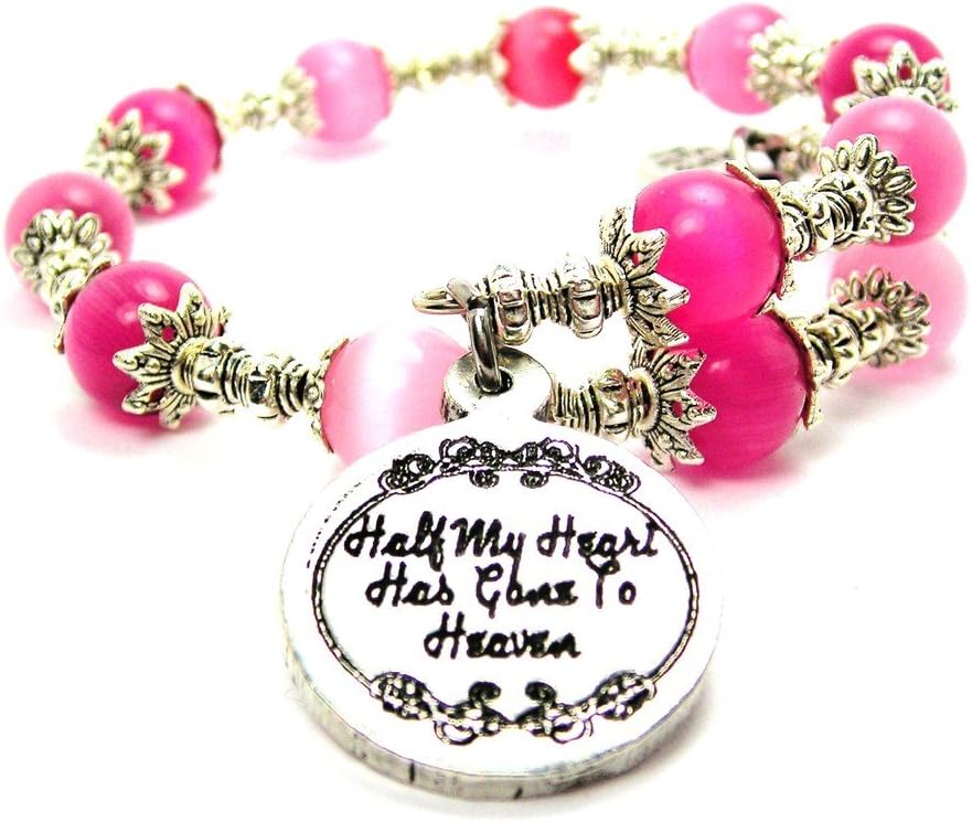 ChubbyChicoCharms Half My Heart Has Gone to Heaven Cat's Eye Wrap Charm Bracelet in Hot Pink and Rose Pink Glass