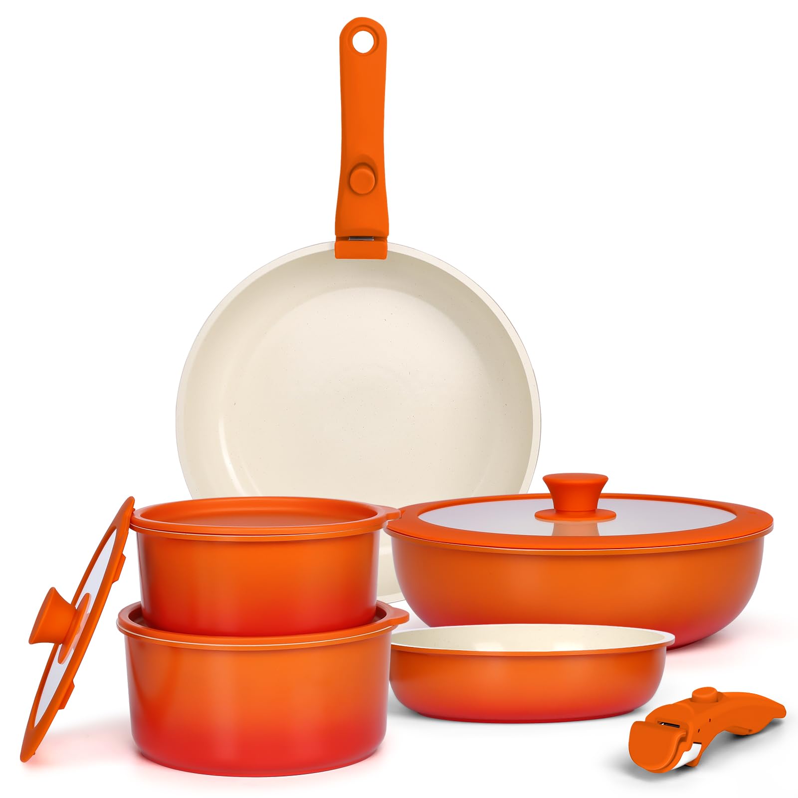 GiPP 11pcs Pots and Pans Set Non Stick, Nonstick Cookware Set Detachable Handle,Ceramic Coating Pots for Cooking Non Stick with Removable Handle, RV Cookware Set, Orange Gradient