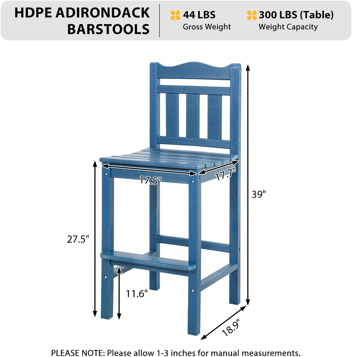 Sundale Outdoor Tall Adirondack Bar Chair Set of 4, HDPE Patio Stools with Backrest, 27.5 Inch Seat Height Tall Bistro Dining Counter Stool, All-Weather Pub Height Chair (Blue, 4 Bar Stools)