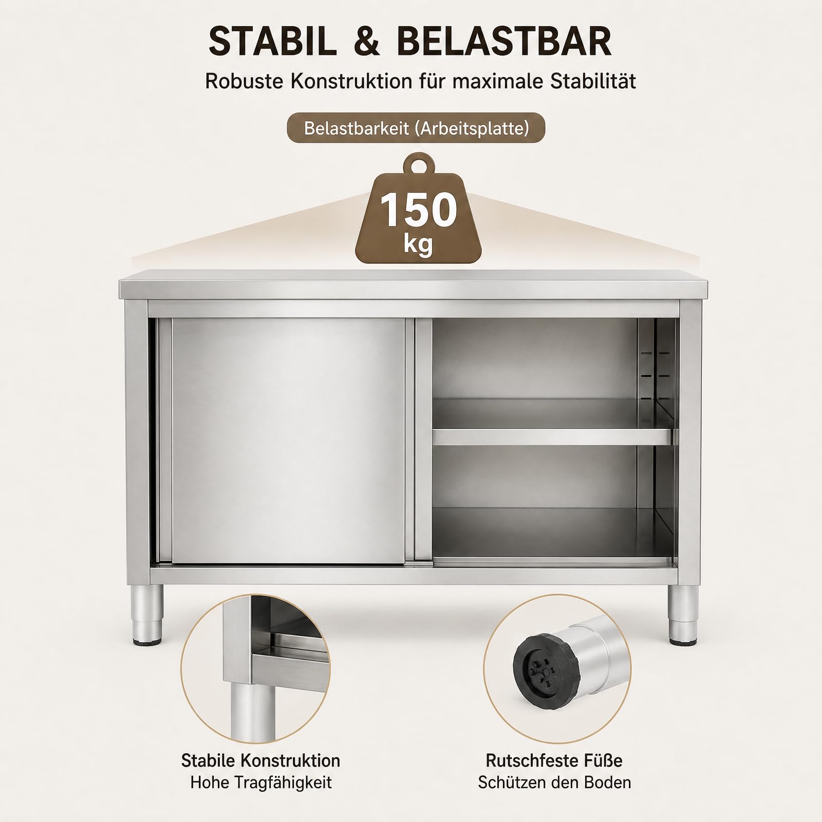 Armario de cocina de acero inoxidable, 120 x 50 x 86 cm, acero inoxidable con puertas correderas y encimera, 5-20 cm, almacenamiento de altura ajustable, de pie, armario de trabajo de cocina, mesa de
