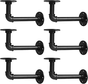 Storystore Industrial Pipe Shelf Brackets, 6 Pack, Black, Heavy Duty Iron L-Shaped Shelving Brackets for 7-14 inch Boards