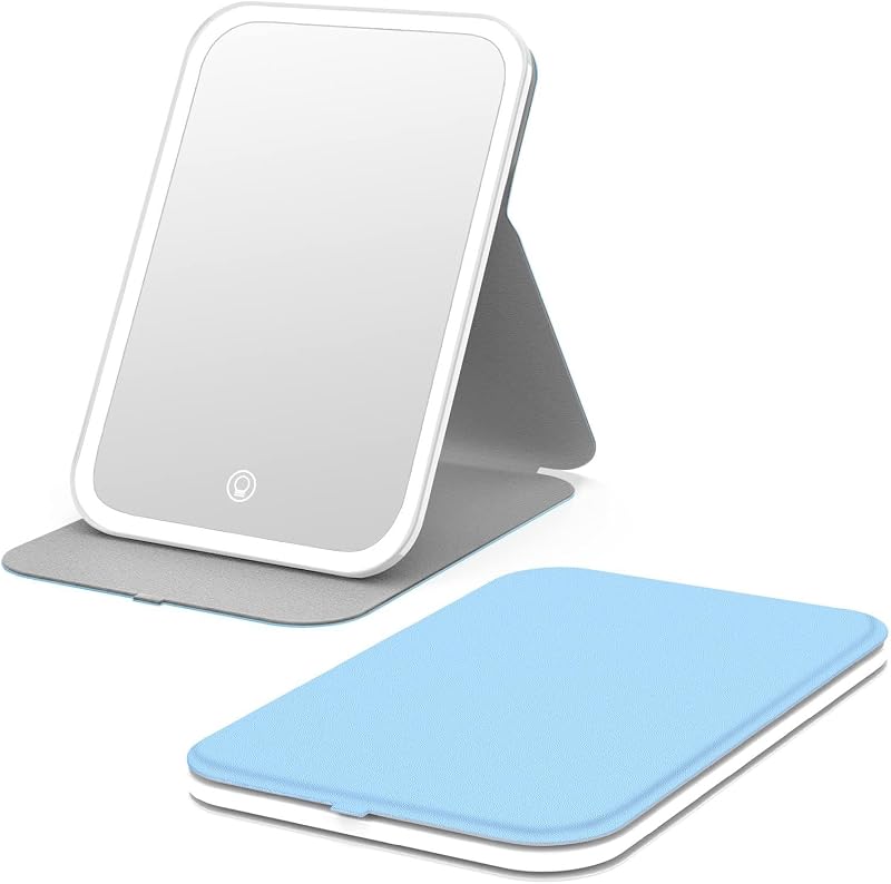Espelho compacto de maquiagem Kintion com iluminação LED, dobrável e portátil, azul