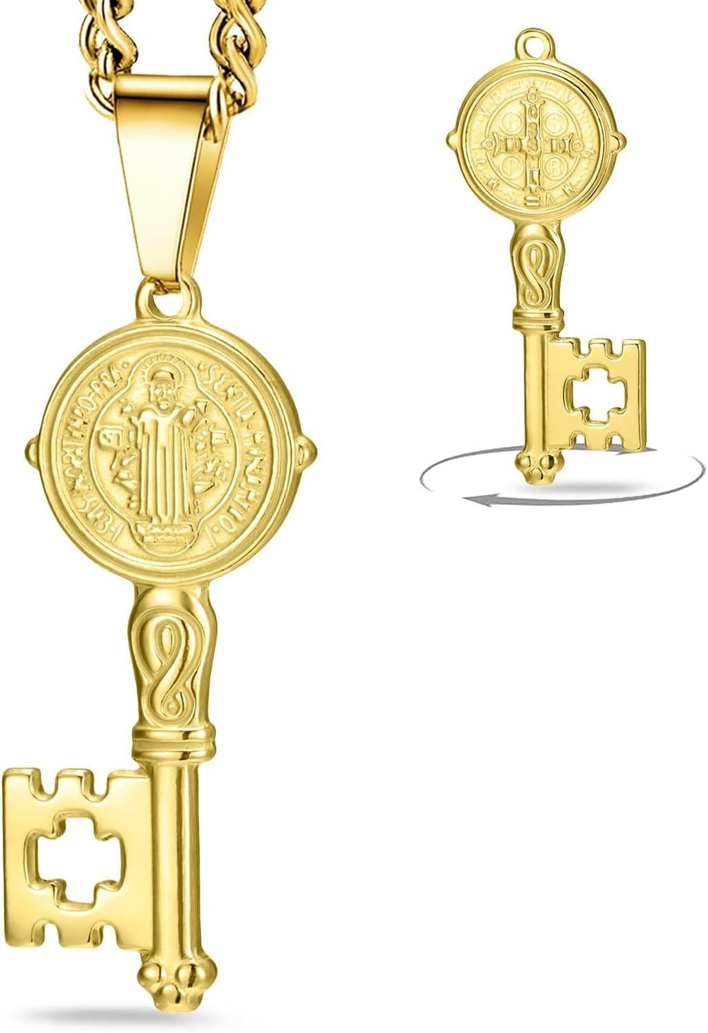 Wuufake Christian Protection Stainless Steel St Benedict Medal Crucifix Pendant Demon Exorcism Amulet Necklace Jewelry For Men Women Catholic, Gold 1