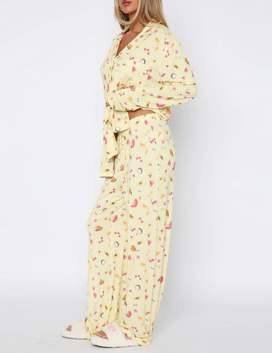 Womens 2 Piece Fruit Pajamas Set Cute Pjs Button Down Long Sleeve Wide Leg Y2K Coquette Fall Lounge Set Sleepwear S-XL - Image 5