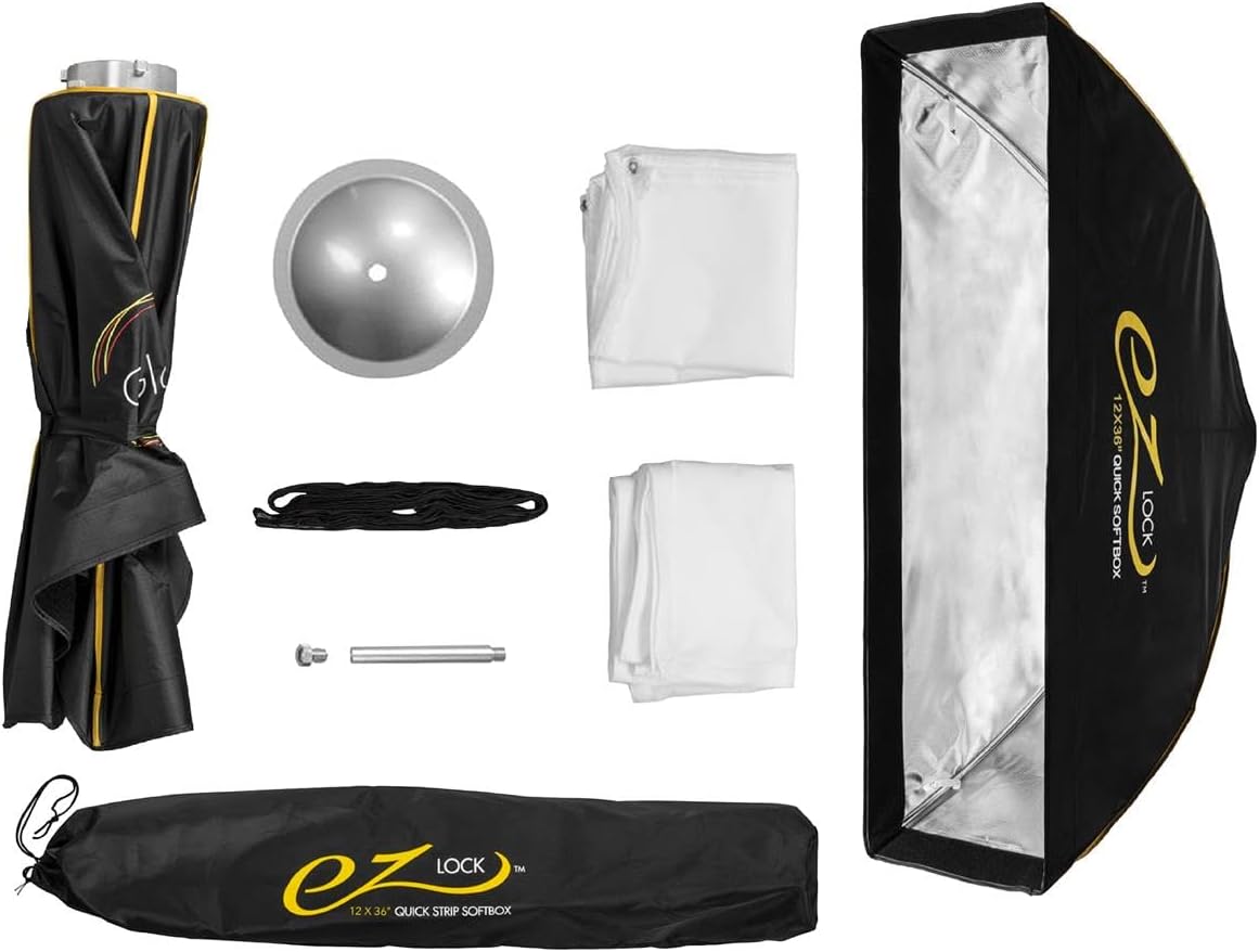 EZ Lock 12x36" Quick Strip Rectangular Bowens Mount Softbox w/External Internal Diffusers, Deflector Disk, Eggcrate Grid, Soft box Speedring Adapter for Studio Speedlight Softbox Lighting
