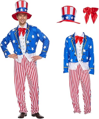 Miniatura 3 de ReneeCho Conjunto de disfraz de tío Sam para hombre, traje para adultos, 4 de julio, Día de la Independencia americana, vestido de fiesta patriótica