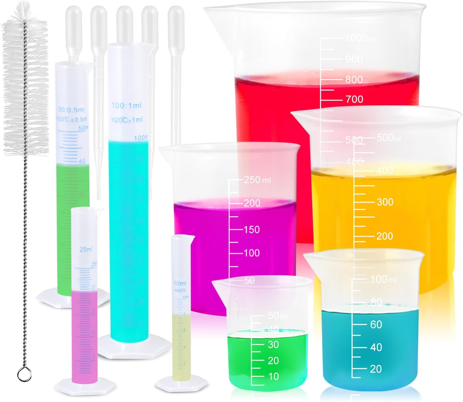 15 PCS Plastic Graduated Cylinders and Beakers Set with 5 Transfer Pipettes and 1 Test Tube Brushes Science Measuring Lab Test Tube Flask Liquid Measuring Tools
