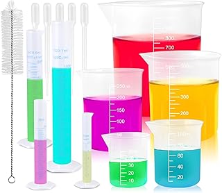 15 PCS Plastic Graduated Cylinders and Beakers Set with 5 Transfer Pipettes and 1 Test Tube Brushes Science Measuring Lab Test Tube Flask Liquid Measuring Tools