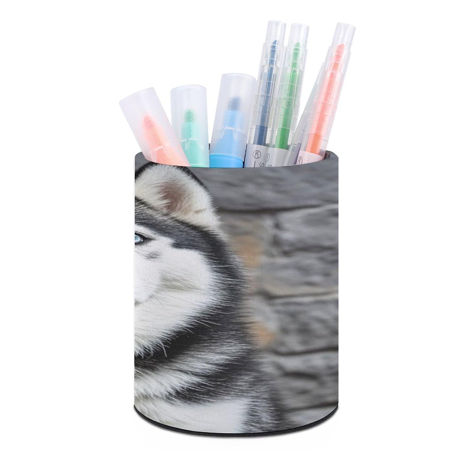 FekiLoot Round Husky Dog Pen Holder for Desk PU Leather Waterproof Pencil Cup Stand Minimalist Makeup Brush Storage Organizer Desktop Stationery Container Accessorires