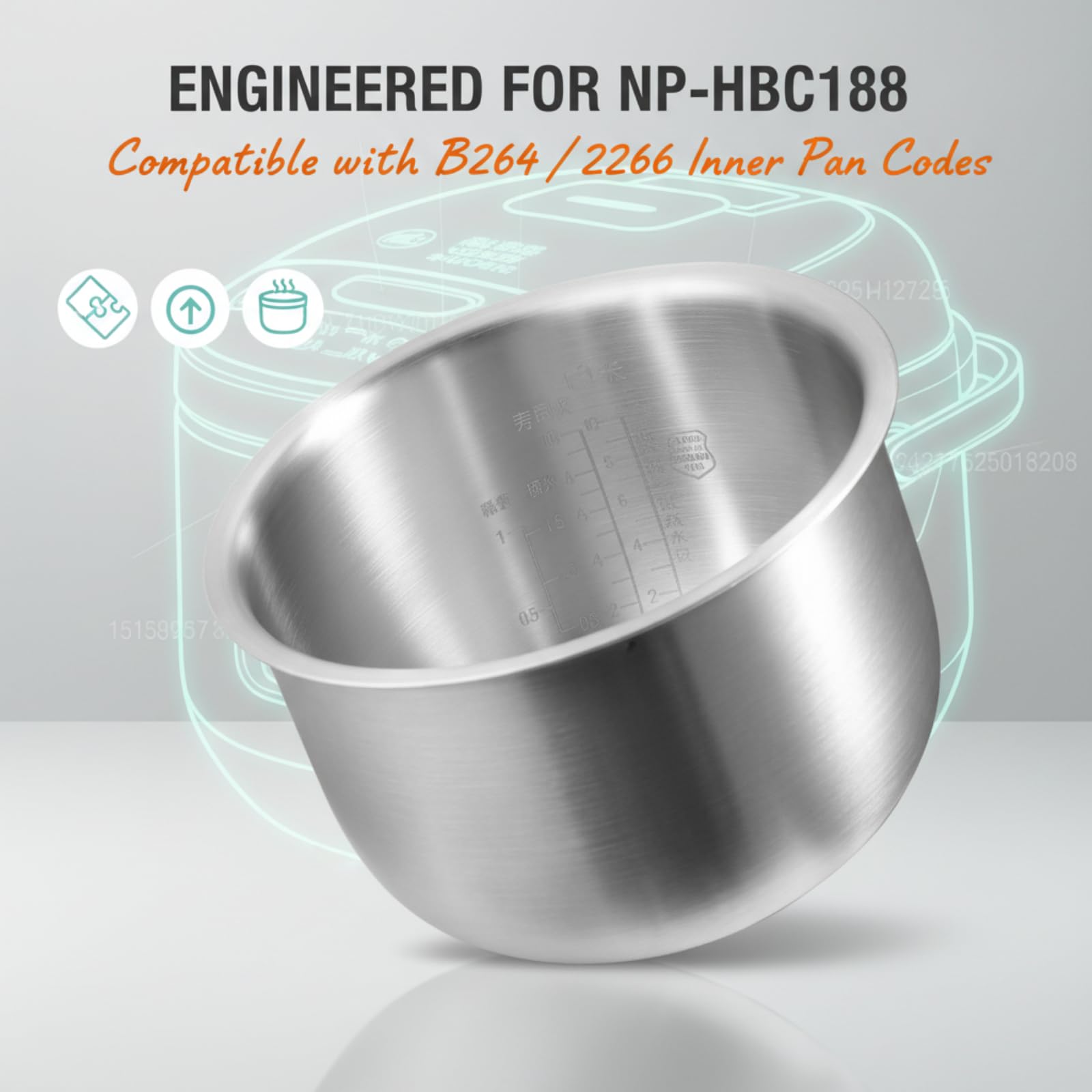 Pot intérieur en acier inoxydable 316 de 5 L compatible avec Zojirushi NP-HBC18 | Bol de rechange pour cuiseur à riz B264/B266 | Insert inoxydable anti-adhésif durable pour un chauffage uniforme