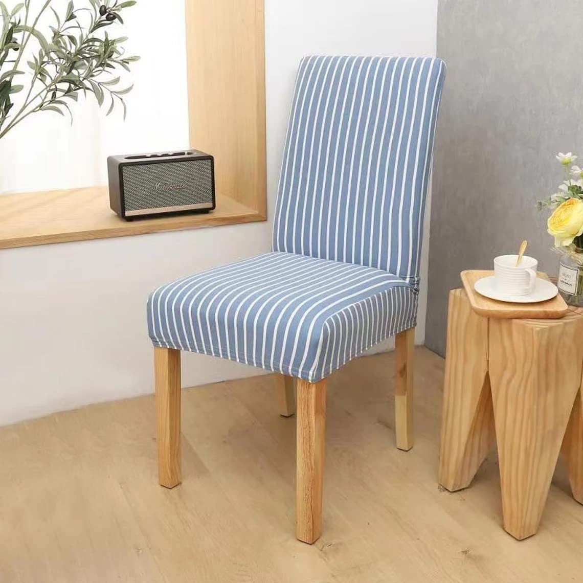 Stripe Dining Chair Covers Washable Stretch Chair Slipcover Removable Chair Protector (Blue)
