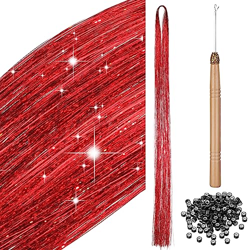 BBTO 200 Mèches de Tinsel de Cheveux Clinquant de Cheveux à Paillettes Kits d'Extensions de Cheveux Scintillantes avec Outils Accessoires de Cheveux Tressés pour Femme (Rouge)