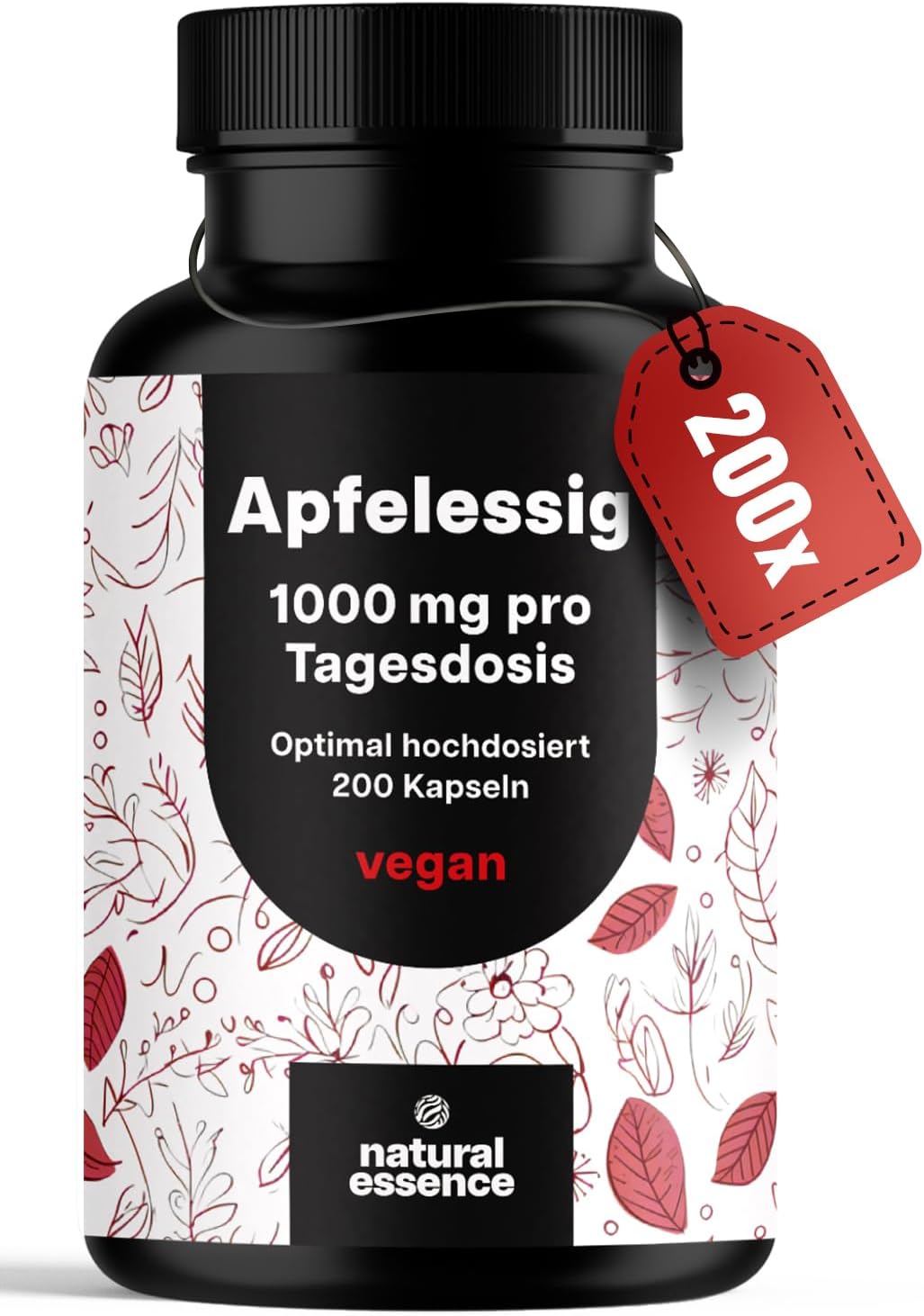 Appelazijn capsules – 200 capsules hoge dosis – 1000 mg per portie – metabolisme Apple Cider Vinegar capsules, appelazijn tabletten – veganistisch en geproduceerd in Duitsland laboratoriumgetest