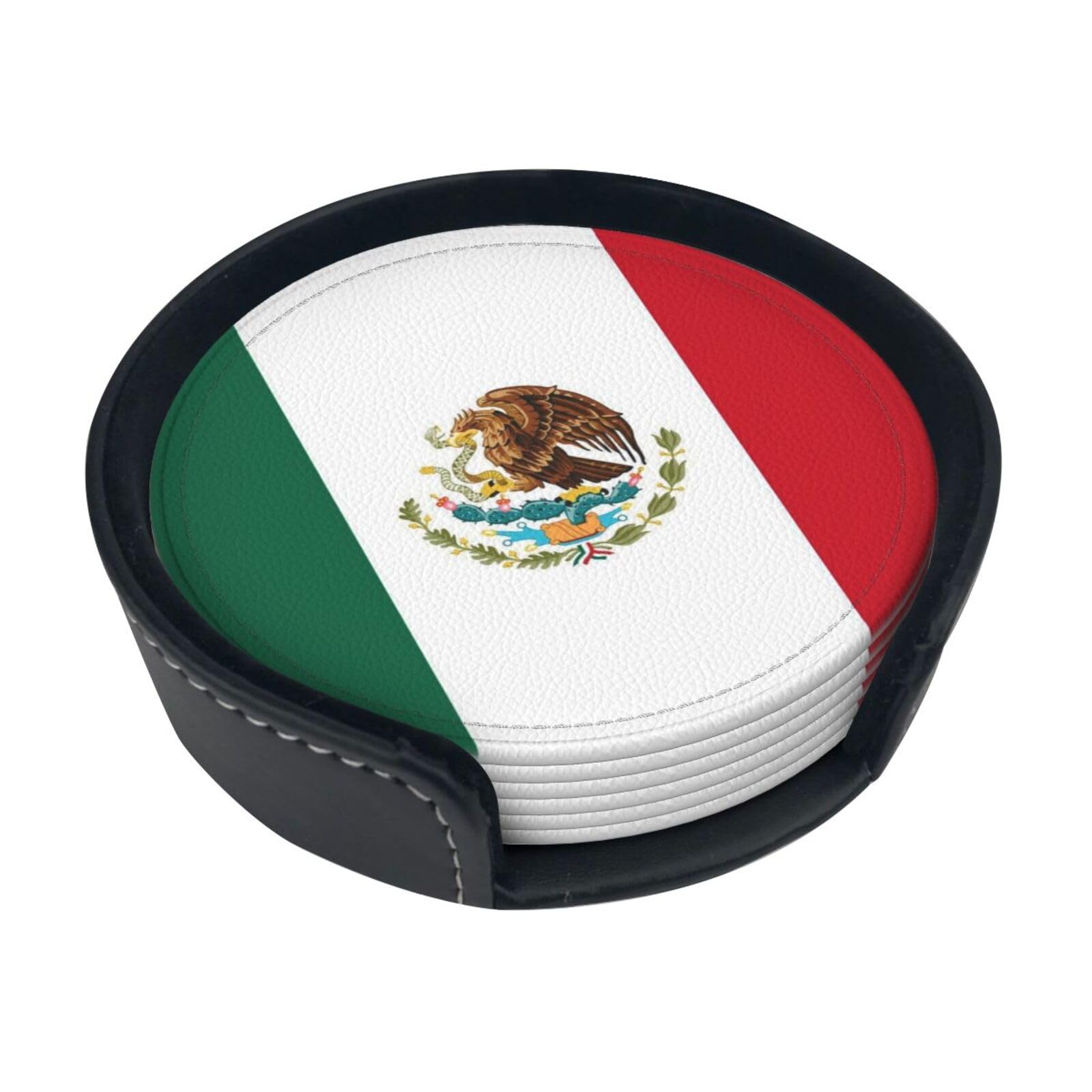 Mexico Flag Leather Coasters-Set of 6 with Storage Holder