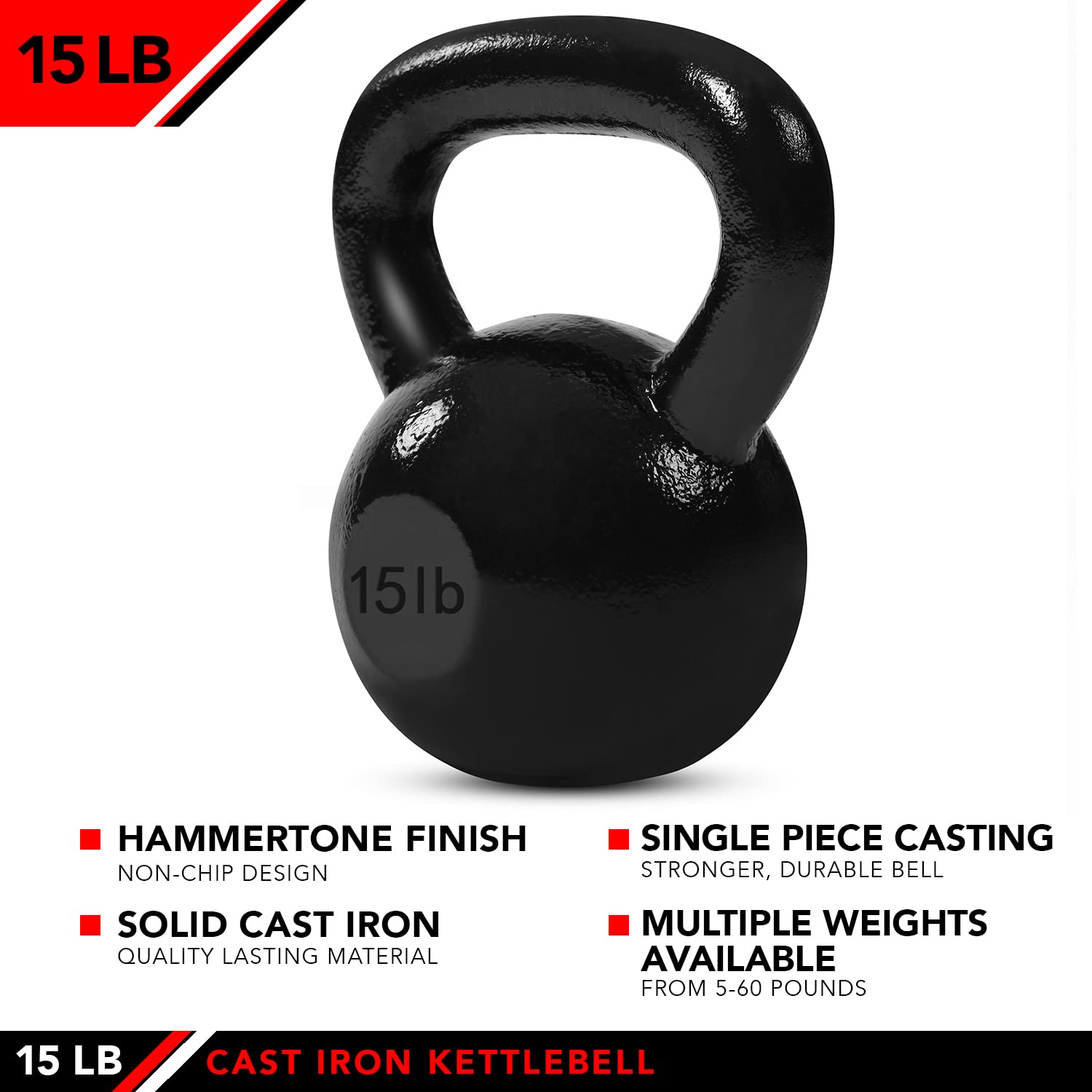 J-Fit JFIT hantle Kettlebell z żeliwa – 15 funtów – ćwiczenia balistyczne, siła rdzenia, fitness funkcjonalna i zestaw do treningu siłowego – bezpłatna waga, sprzęt, akcesoria