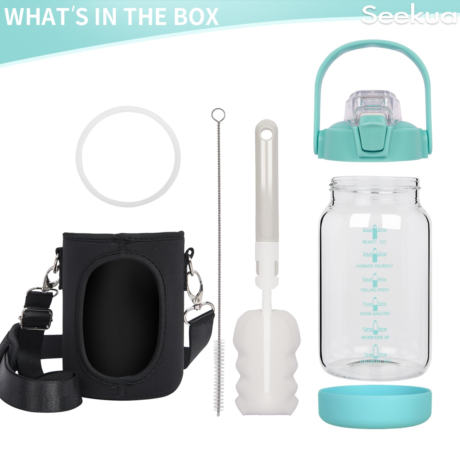Seekua 1l Glass Water Bottle with Straw & Motivational Time Markings 1 litre Large Leakproof Gym Drinking Bottle - Image 4