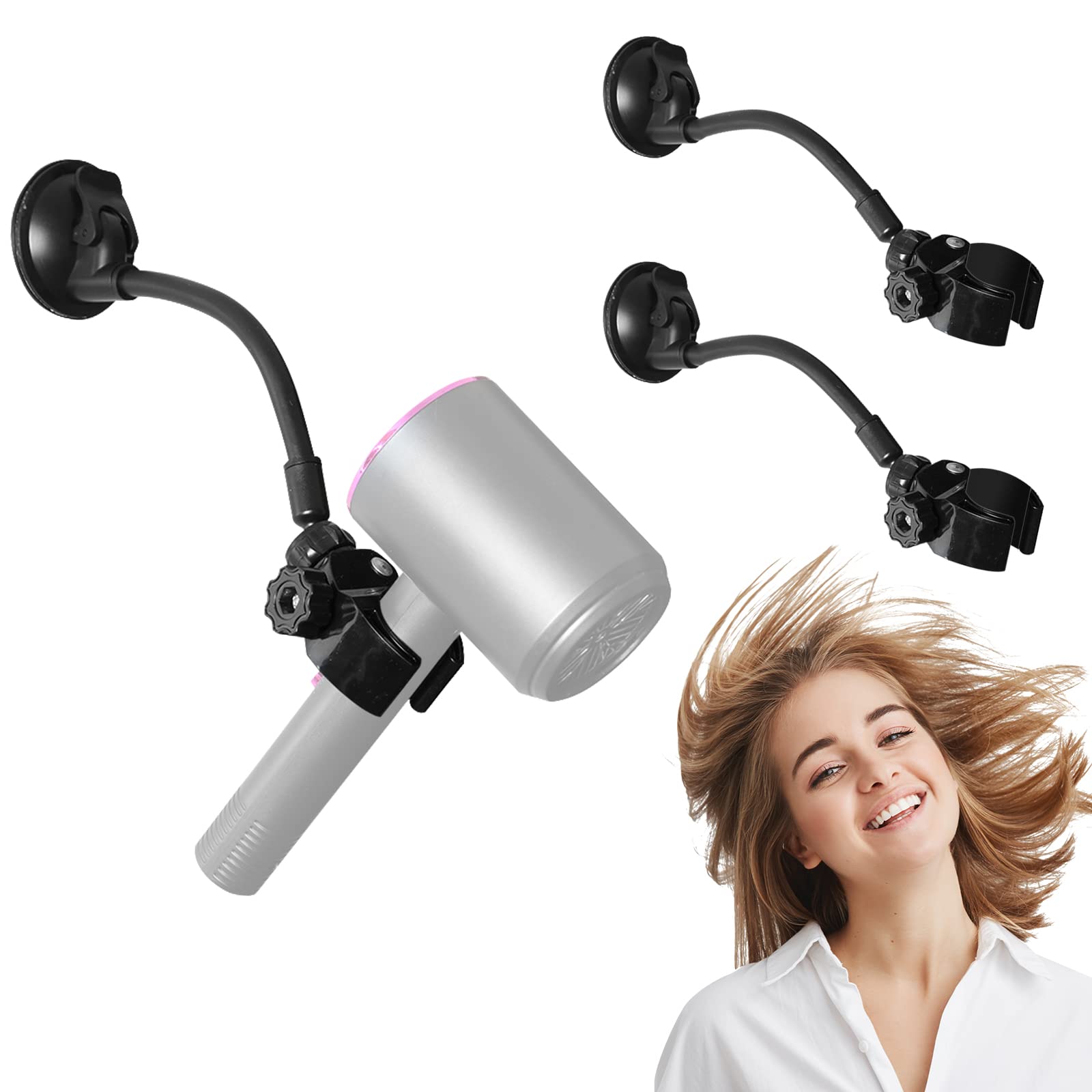 Luexbox Adjustable Hair Dryer Holder Stand, 360 Degree Rotation Blow Dryer Bracket With Positionable Arm And Suction Cup, Hands Free Hair Dryer Holder